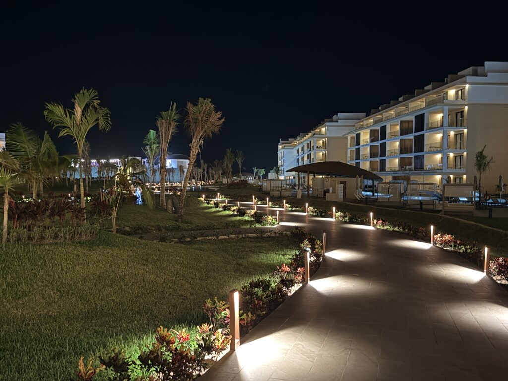 Lit walkway through the resort grounds at Majestic Mirage Costa Mujeres'